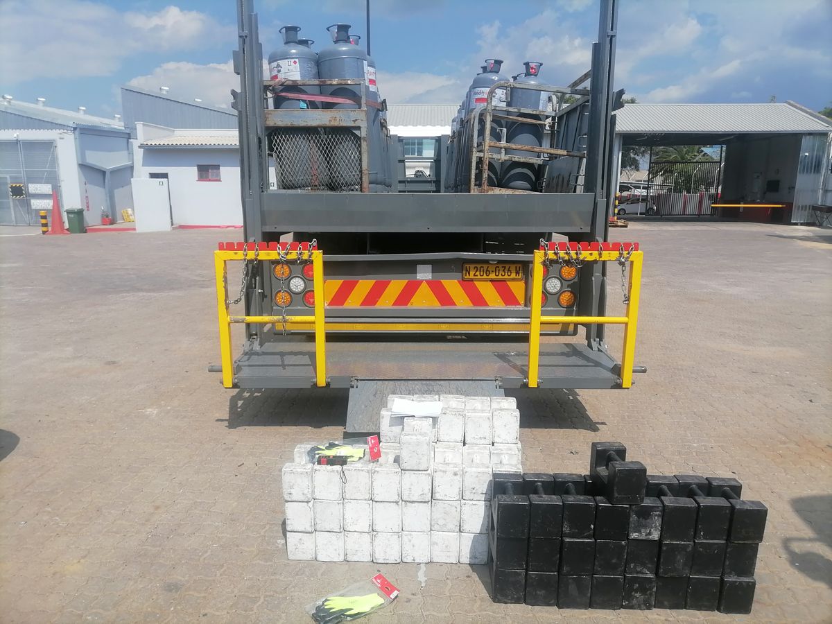 Test weights set out for a tail-lift test